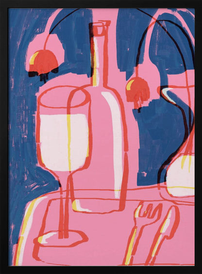 An abstract still life painting featuring a vibrant pink table setting against a deep blue background. The composition includes the overlapping red and yellow outlines of a wine glass, a bottle, and cutlery. Abstract red shapes resembling cherries or lamps hang in the background, adding to the modern and expressive feel. Poster