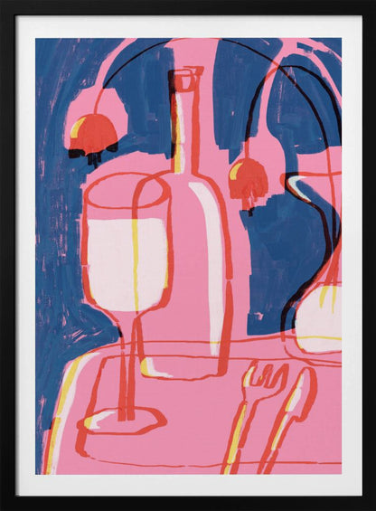 An abstract still life painting featuring a vibrant pink table setting against a deep blue background. The composition includes the overlapping red and yellow outlines of a wine glass, a bottle, and cutlery. Abstract red shapes resembling cherries or lamps hang in the background, adding to the modern and expressive feel. Poster
