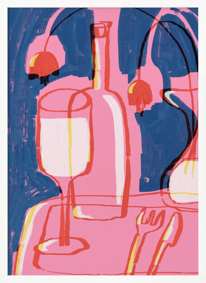An abstract still life painting featuring a vibrant pink table setting against a deep blue background. The composition includes the overlapping red and yellow outlines of a wine glass, a bottle, and cutlery. Abstract red shapes resembling cherries or lamps hang in the background, adding to the modern and expressive feel. Poster