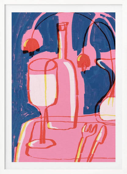 An abstract still life painting featuring a vibrant pink table setting against a deep blue background. The composition includes the overlapping red and yellow outlines of a wine glass, a bottle, and cutlery. Abstract red shapes resembling cherries or lamps hang in the background, adding to the modern and expressive feel. Poster