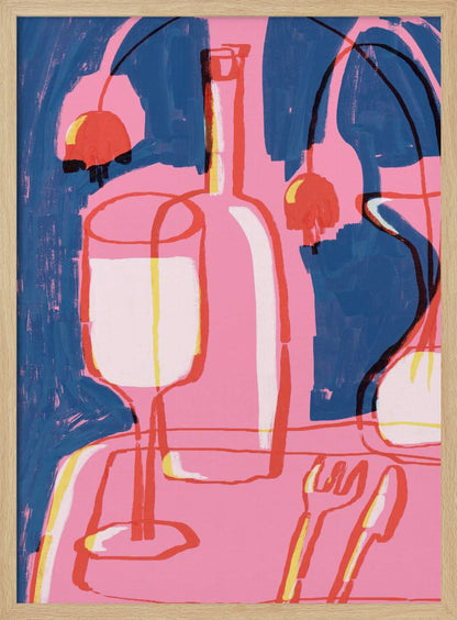 An abstract still life painting featuring a vibrant pink table setting against a deep blue background. The composition includes the overlapping red and yellow outlines of a wine glass, a bottle, and cutlery. Abstract red shapes resembling cherries or lamps hang in the background, adding to the modern and expressive feel. Poster