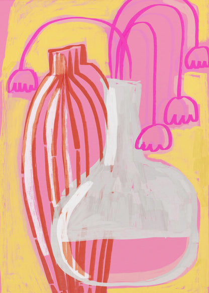 A vibrant abstract still life painting featuring two vases against a pink and yellow background. A tall, slender vase has vertical red and white stripes, while next to it sits a clear, round-bottomed flask filled with pink liquid. Stylized, drooping pink bell-shaped flowers on long stems are arranged behind the vases. Print