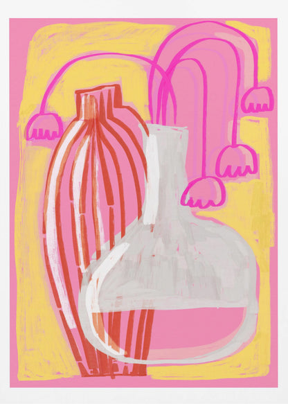 A vibrant abstract still life painting featuring two vases against a pink and yellow background. A tall, slender vase has vertical red and white stripes, while next to it sits a clear, round-bottomed flask filled with pink liquid. Stylized, drooping pink bell-shaped flowers on long stems are arranged behind the vases. Print