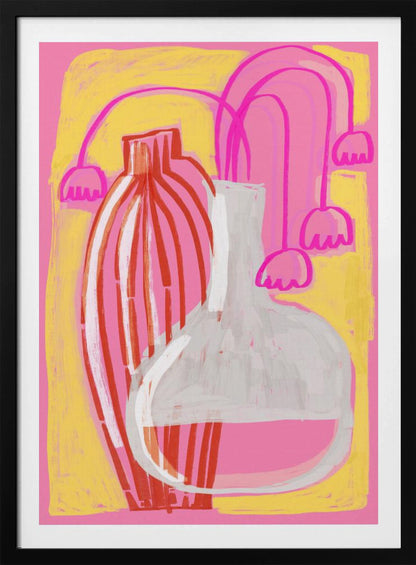 A vibrant abstract still life painting featuring two vases against a pink and yellow background. A tall, slender vase has vertical red and white stripes, while next to it sits a clear, round-bottomed flask filled with pink liquid. Stylized, drooping pink bell-shaped flowers on long stems are arranged behind the vases. Print