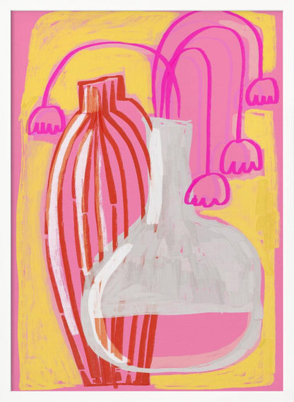 A vibrant abstract still life painting featuring two vases against a pink and yellow background. A tall, slender vase has vertical red and white stripes, while next to it sits a clear, round-bottomed flask filled with pink liquid. Stylized, drooping pink bell-shaped flowers on long stems are arranged behind the vases. Print
