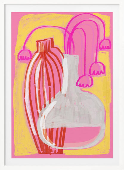 A vibrant abstract still life painting featuring two vases against a pink and yellow background. A tall, slender vase has vertical red and white stripes, while next to it sits a clear, round-bottomed flask filled with pink liquid. Stylized, drooping pink bell-shaped flowers on long stems are arranged behind the vases. Print