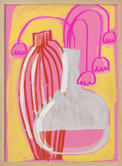 A vibrant abstract still life painting featuring two vases against a pink and yellow background. A tall, slender vase has vertical red and white stripes, while next to it sits a clear, round-bottomed flask filled with pink liquid. Stylized, drooping pink bell-shaped flowers on long stems are arranged behind the vases. Print