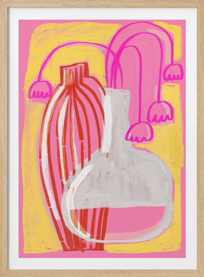 A vibrant abstract still life painting featuring two vases against a pink and yellow background. A tall, slender vase has vertical red and white stripes, while next to it sits a clear, round-bottomed flask filled with pink liquid. Stylized, drooping pink bell-shaped flowers on long stems are arranged behind the vases. Print