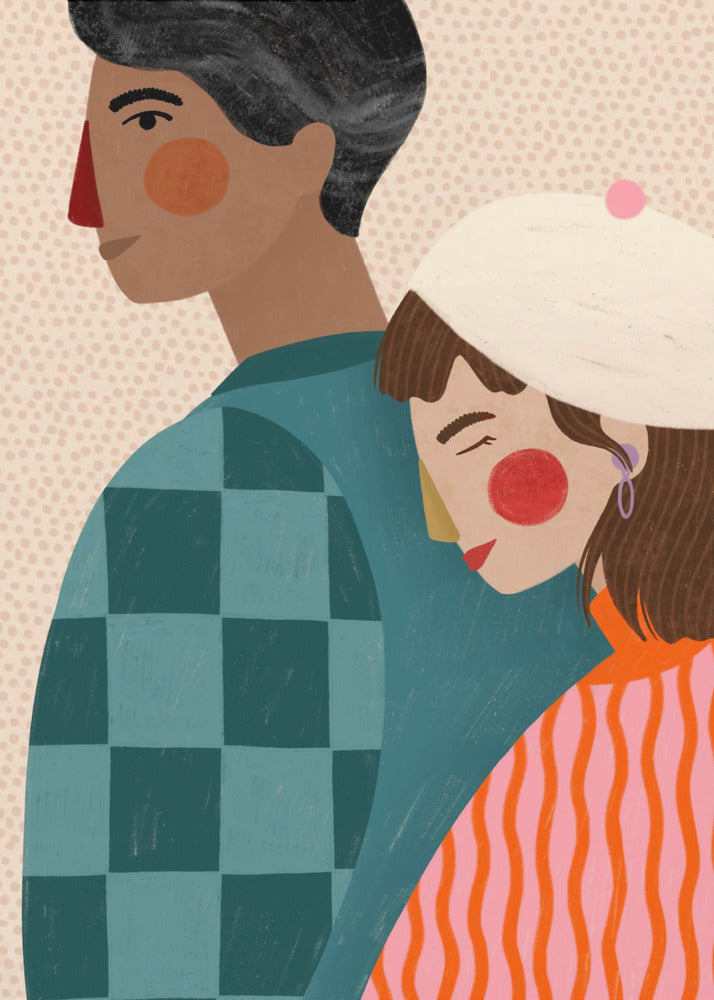 A stylized illustration of a couple against a light dotted background. A woman with a white beret rests her head peacefully on the back of a man. The man is shown in profile, wearing a teal checkered shirt, while the woman wears a vibrant orange and pink striped sweater. Wall Art