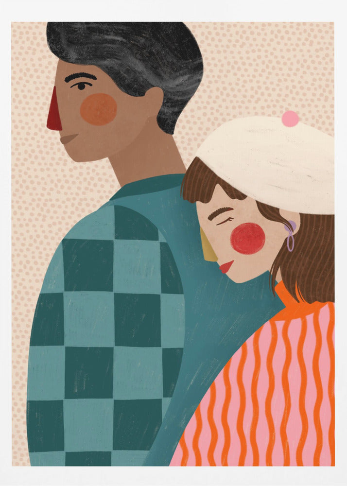 A stylized illustration of a couple against a light dotted background. A woman with a white beret rests her head peacefully on the back of a man. The man is shown in profile, wearing a teal checkered shirt, while the woman wears a vibrant orange and pink striped sweater. Wall Art