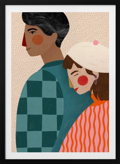 A stylized illustration of a couple against a light dotted background. A woman with a white beret rests her head peacefully on the back of a man. The man is shown in profile, wearing a teal checkered shirt, while the woman wears a vibrant orange and pink striped sweater. Wall Art