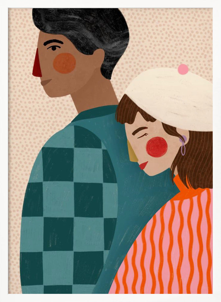 A stylized illustration of a couple against a light dotted background. A woman with a white beret rests her head peacefully on the back of a man. The man is shown in profile, wearing a teal checkered shirt, while the woman wears a vibrant orange and pink striped sweater. Wall Art