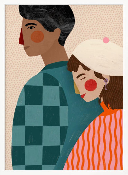 A stylized illustration of a couple against a light dotted background. A woman with a white beret rests her head peacefully on the back of a man. The man is shown in profile, wearing a teal checkered shirt, while the woman wears a vibrant orange and pink striped sweater. Wall Art