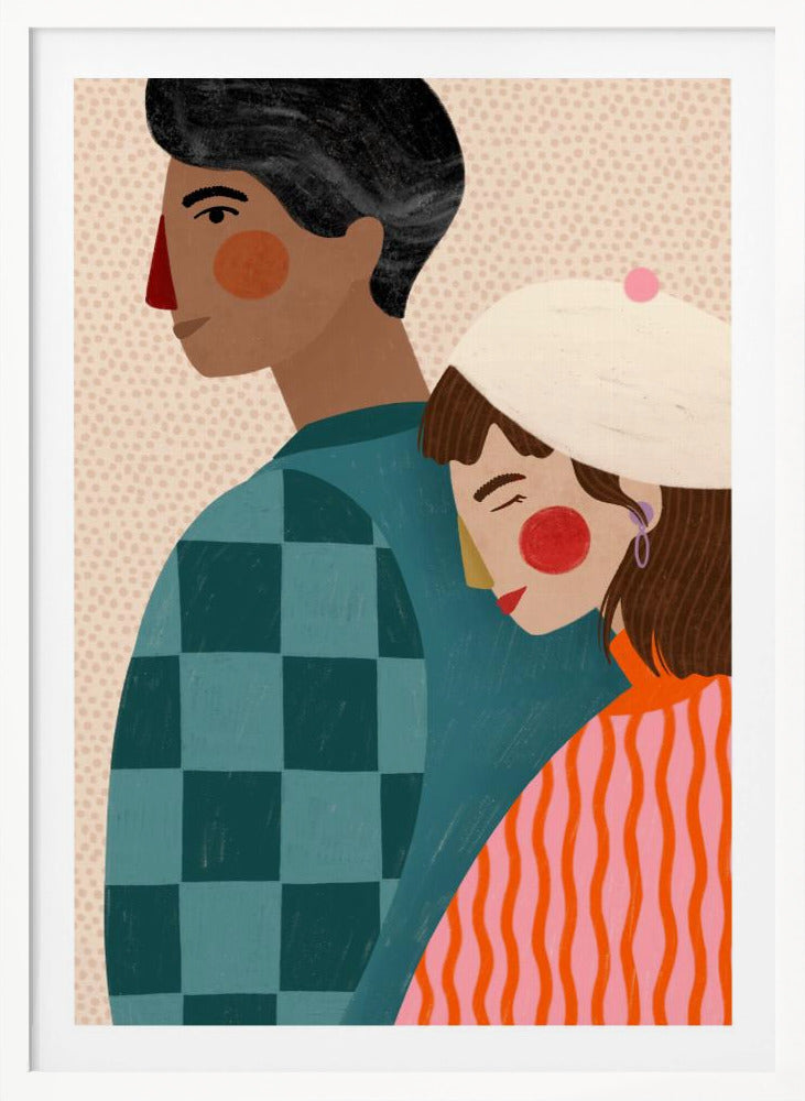 A stylized illustration of a couple against a light dotted background. A woman with a white beret rests her head peacefully on the back of a man. The man is shown in profile, wearing a teal checkered shirt, while the woman wears a vibrant orange and pink striped sweater. Wall Art