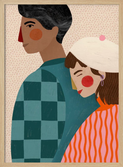 A stylized illustration of a couple against a light dotted background. A woman with a white beret rests her head peacefully on the back of a man. The man is shown in profile, wearing a teal checkered shirt, while the woman wears a vibrant orange and pink striped sweater. Wall Art