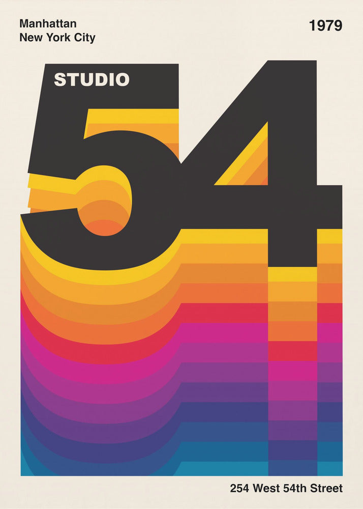 A retro graphic design poster for Studio 54 dated 1979. The design features the large black number '54' with the word 'STUDIO' inside the '5'. A colorful, wavy gradient from yellow to blue extends downwards, creating a vibrant 3D effect against an off-white background. Artwork