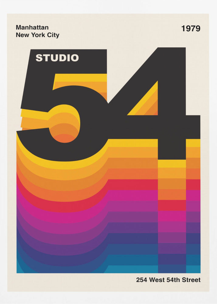 A retro graphic design poster for Studio 54 dated 1979. The design features the large black number '54' with the word 'STUDIO' inside the '5'. A colorful, wavy gradient from yellow to blue extends downwards, creating a vibrant 3D effect against an off-white background. Artwork