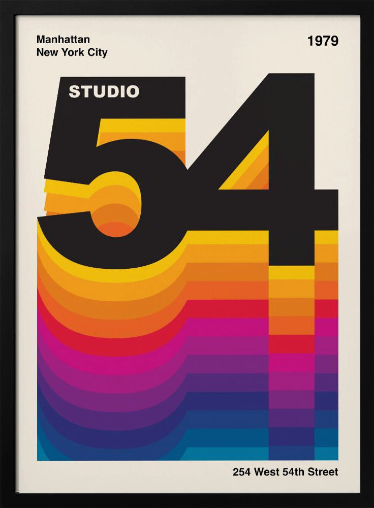 A retro graphic design poster for Studio 54 dated 1979. The design features the large black number '54' with the word 'STUDIO' inside the '5'. A colorful, wavy gradient from yellow to blue extends downwards, creating a vibrant 3D effect against an off-white background. Artwork