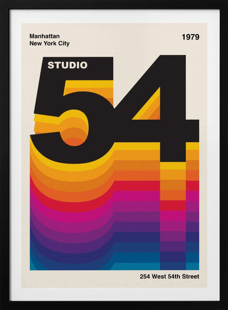A retro graphic design poster for Studio 54 dated 1979. The design features the large black number '54' with the word 'STUDIO' inside the '5'. A colorful, wavy gradient from yellow to blue extends downwards, creating a vibrant 3D effect against an off-white background. Artwork