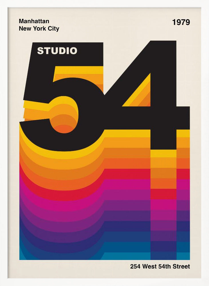 A retro graphic design poster for Studio 54 dated 1979. The design features the large black number '54' with the word 'STUDIO' inside the '5'. A colorful, wavy gradient from yellow to blue extends downwards, creating a vibrant 3D effect against an off-white background. Artwork