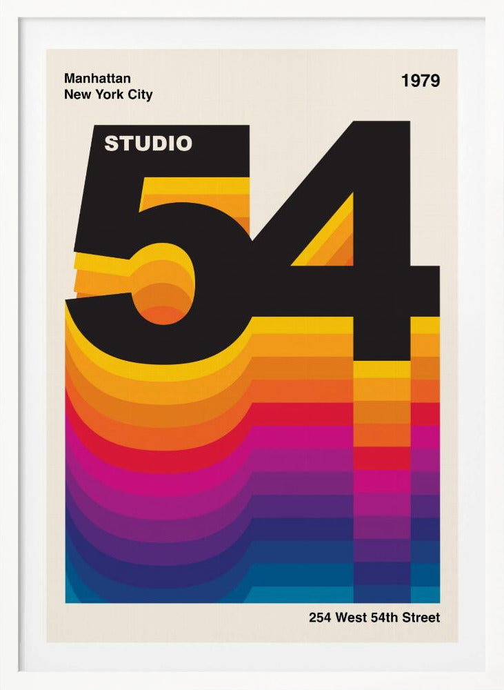 A retro graphic design poster for Studio 54 dated 1979. The design features the large black number '54' with the word 'STUDIO' inside the '5'. A colorful, wavy gradient from yellow to blue extends downwards, creating a vibrant 3D effect against an off-white background. Artwork