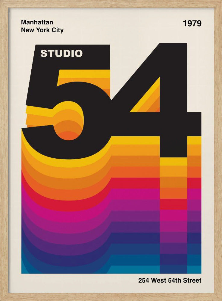 A retro graphic design poster for Studio 54 dated 1979. The design features the large black number '54' with the word 'STUDIO' inside the '5'. A colorful, wavy gradient from yellow to blue extends downwards, creating a vibrant 3D effect against an off-white background. Artwork