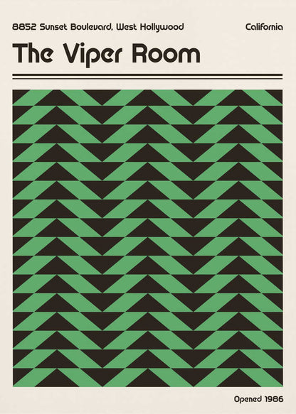 Vintage-style poster for The Viper Room in California, featuring a bold green and black geometric chevron pattern.