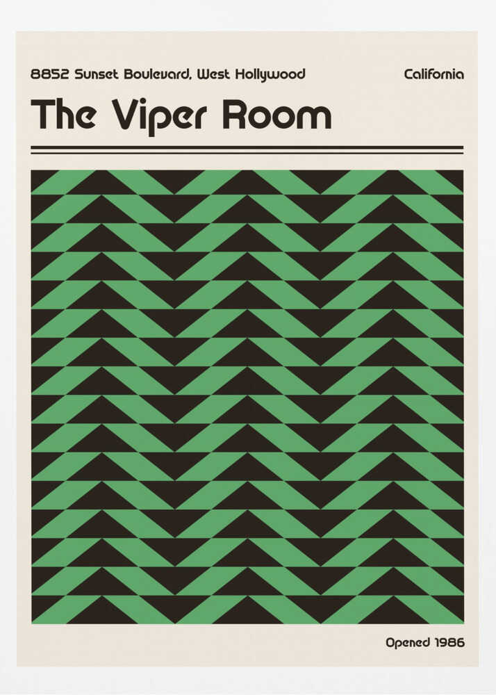 Vintage-style poster for The Viper Room in California, featuring a bold green and black geometric chevron pattern.