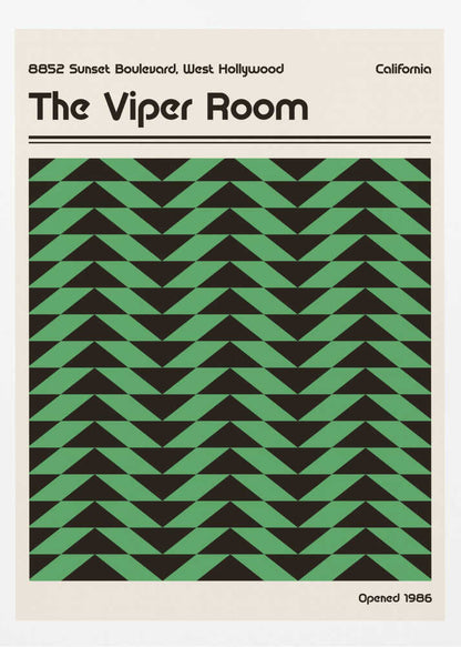Vintage-style poster for The Viper Room in California, featuring a bold green and black geometric chevron pattern.