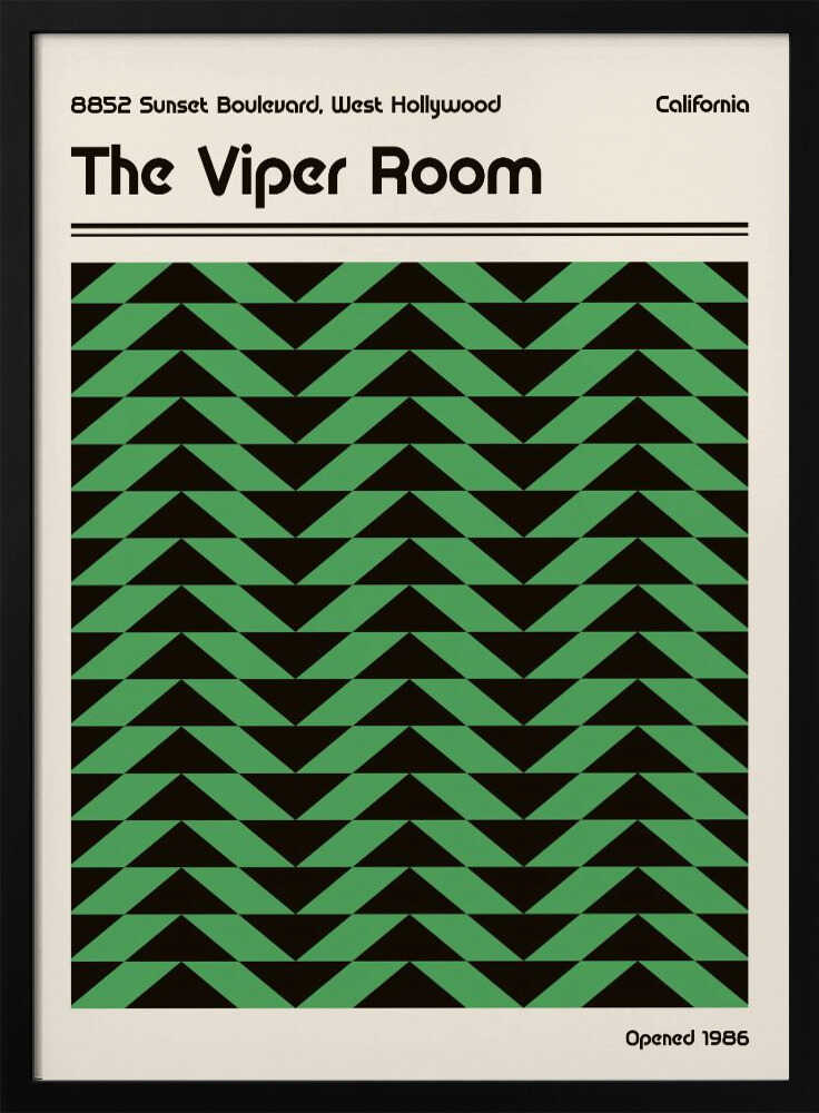 Vintage-style poster for The Viper Room in California, featuring a bold green and black geometric chevron pattern.