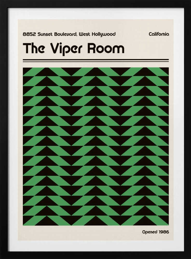 Vintage-style poster for The Viper Room in California, featuring a bold green and black geometric chevron pattern.