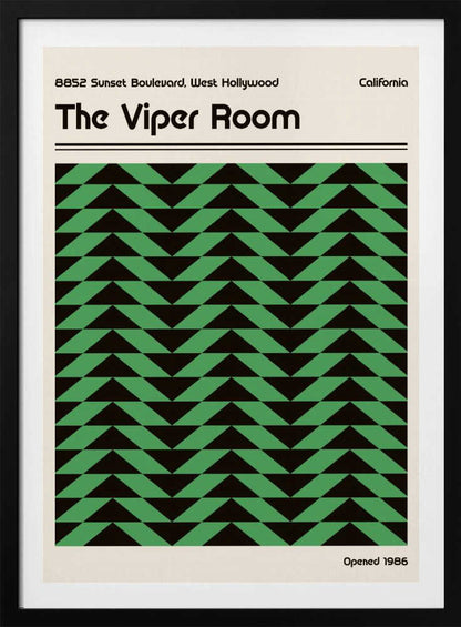 Vintage-style poster for The Viper Room in California, featuring a bold green and black geometric chevron pattern.