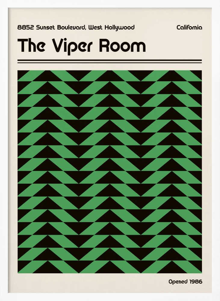 Vintage-style poster for The Viper Room in California, featuring a bold green and black geometric chevron pattern.
