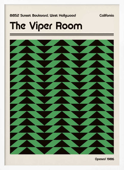Vintage-style poster for The Viper Room in California, featuring a bold green and black geometric chevron pattern.