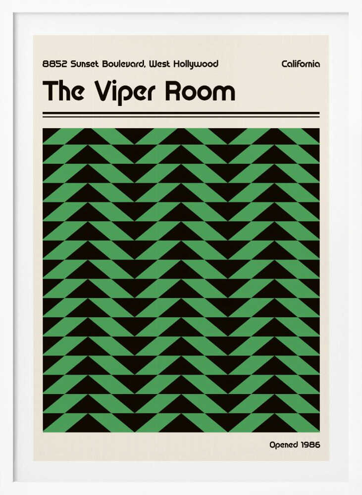 Vintage-style poster for The Viper Room in California, featuring a bold green and black geometric chevron pattern.