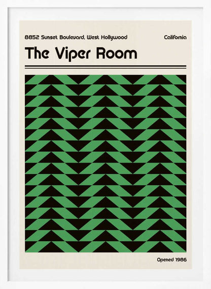 Vintage-style poster for The Viper Room in California, featuring a bold green and black geometric chevron pattern.