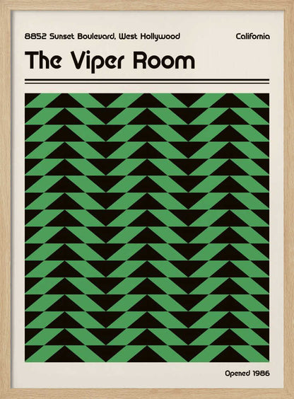 Vintage-style poster for The Viper Room in California, featuring a bold green and black geometric chevron pattern.