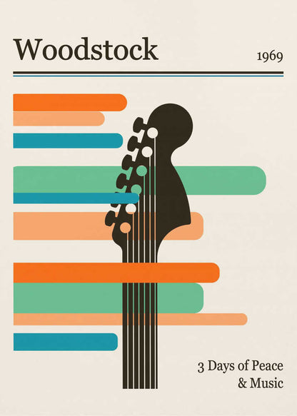 A minimalist retro-style poster for the 1969 Woodstock festival. It features a black silhouette of a guitar neck against horizontal stripes of orange, green, and blue on an off-white background. The text 'Woodstock 1969' is at the top, and '3 Days of Peace & Music' is at the bottom. Artwork