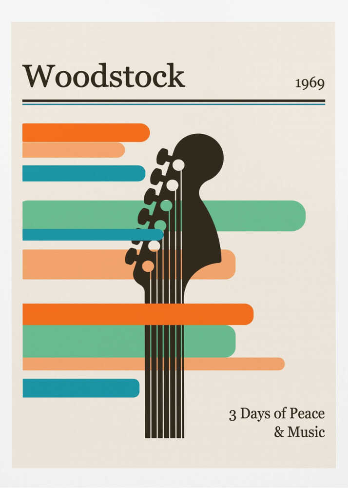 A minimalist retro-style poster for the 1969 Woodstock festival. It features a black silhouette of a guitar neck against horizontal stripes of orange, green, and blue on an off-white background. The text 'Woodstock 1969' is at the top, and '3 Days of Peace & Music' is at the bottom. Artwork