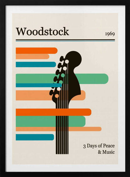 A minimalist retro-style poster for the 1969 Woodstock festival. It features a black silhouette of a guitar neck against horizontal stripes of orange, green, and blue on an off-white background. The text 'Woodstock 1969' is at the top, and '3 Days of Peace & Music' is at the bottom. Artwork