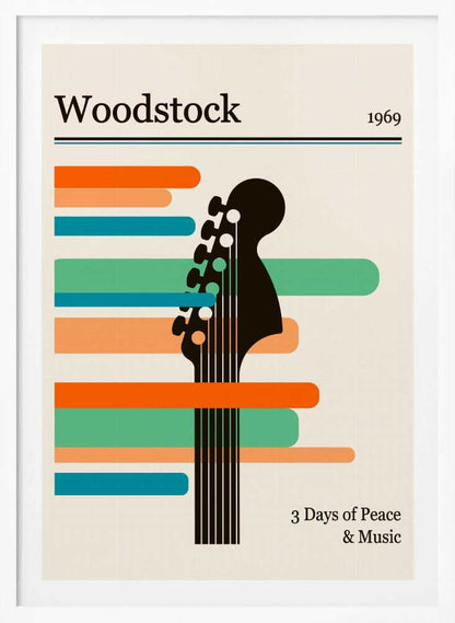 A minimalist retro-style poster for the 1969 Woodstock festival. It features a black silhouette of a guitar neck against horizontal stripes of orange, green, and blue on an off-white background. The text 'Woodstock 1969' is at the top, and '3 Days of Peace & Music' is at the bottom. Artwork