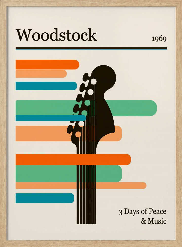 A minimalist retro-style poster for the 1969 Woodstock festival. It features a black silhouette of a guitar neck against horizontal stripes of orange, green, and blue on an off-white background. The text 'Woodstock 1969' is at the top, and '3 Days of Peace & Music' is at the bottom. Artwork