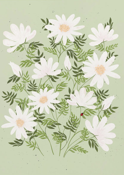 An illustration of a bouquet of white daisies with yellow centers and lush green leaves against a light sage green background. A small red ladybug rests on a leaf. The entire piece is framed in black. Artwork