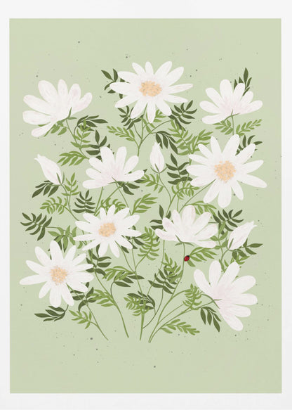 An illustration of a bouquet of white daisies with yellow centers and lush green leaves against a light sage green background. A small red ladybug rests on a leaf. The entire piece is framed in black. Artwork