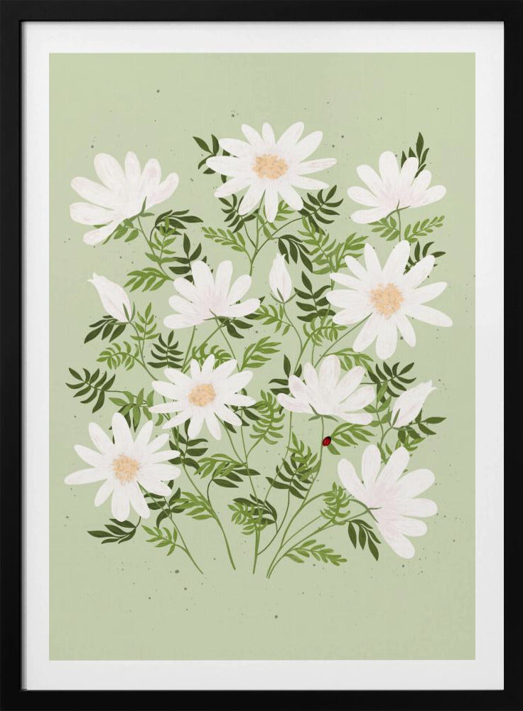 An illustration of a bouquet of white daisies with yellow centers and lush green leaves against a light sage green background. A small red ladybug rests on a leaf. The entire piece is framed in black. Artwork