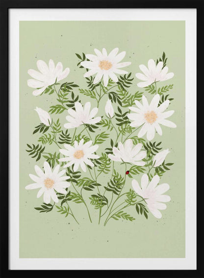 An illustration of a bouquet of white daisies with yellow centers and lush green leaves against a light sage green background. A small red ladybug rests on a leaf. The entire piece is framed in black. Artwork