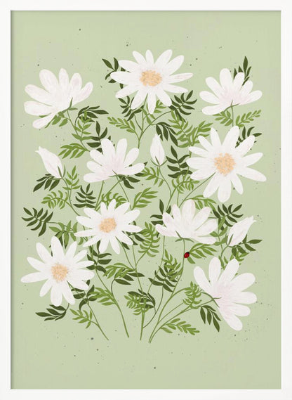 An illustration of a bouquet of white daisies with yellow centers and lush green leaves against a light sage green background. A small red ladybug rests on a leaf. The entire piece is framed in black. Artwork