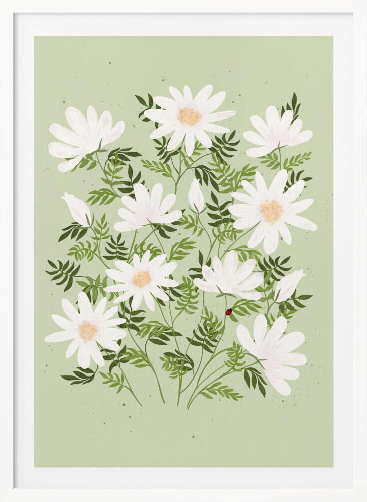An illustration of a bouquet of white daisies with yellow centers and lush green leaves against a light sage green background. A small red ladybug rests on a leaf. The entire piece is framed in black. Artwork