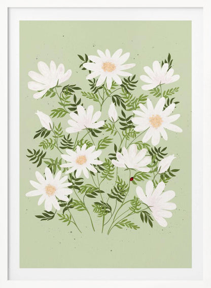 An illustration of a bouquet of white daisies with yellow centers and lush green leaves against a light sage green background. A small red ladybug rests on a leaf. The entire piece is framed in black. Artwork