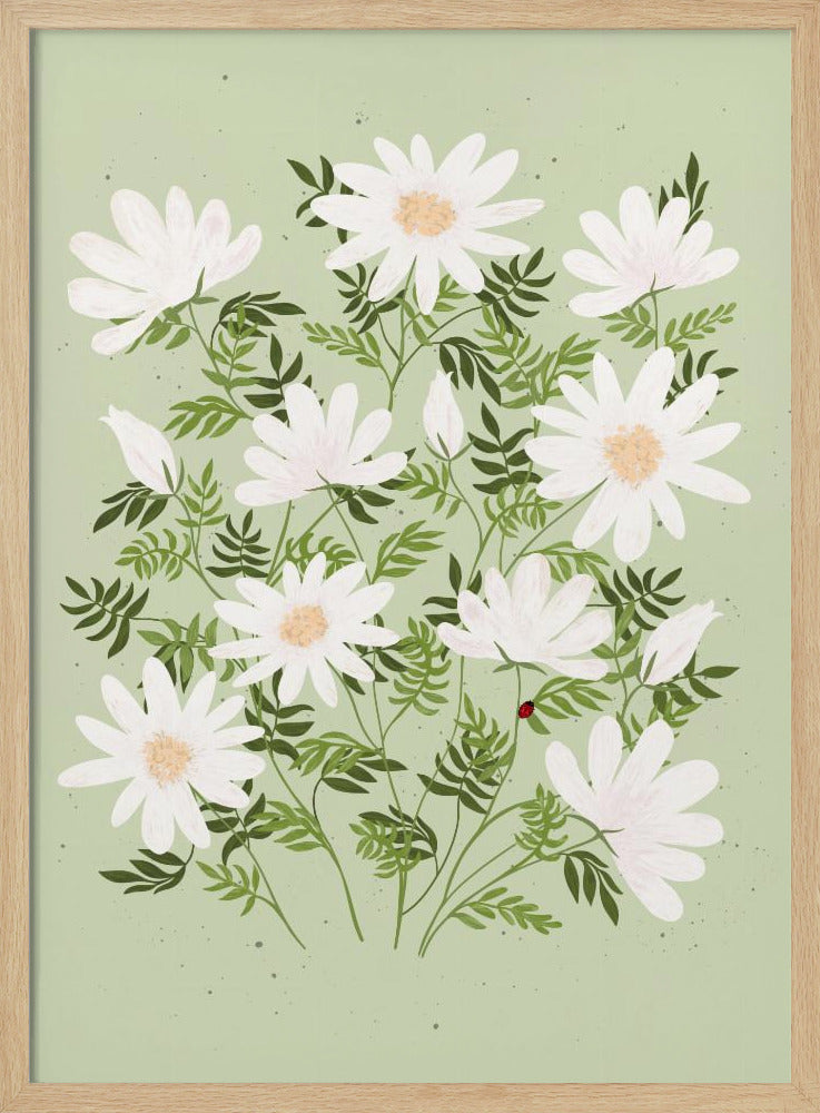 An illustration of a bouquet of white daisies with yellow centers and lush green leaves against a light sage green background. A small red ladybug rests on a leaf. The entire piece is framed in black. Artwork